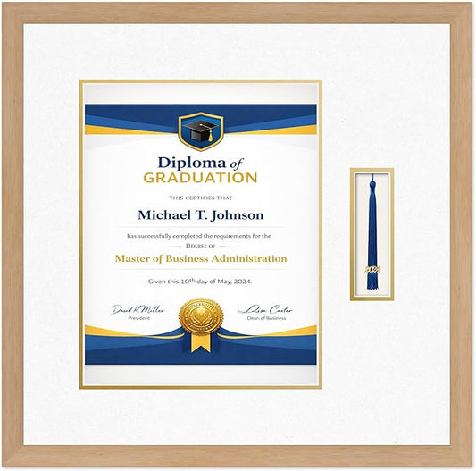 Diploma Frame with Tassel Holder Natural Wood Shadowbox Oyster Shell Over Gold Mat - Fits 11 x 14 Degree Made in the USA