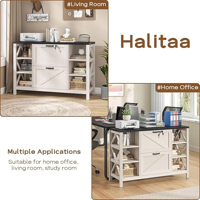 44" Lateral File Cabinet with Adjustable Shelves, Farmhouse 2 Drawer Filing Cabinet with Lock for Legal/A4/Letter, Wooden Printer Stand Office Furniture for Home Office, White and Black