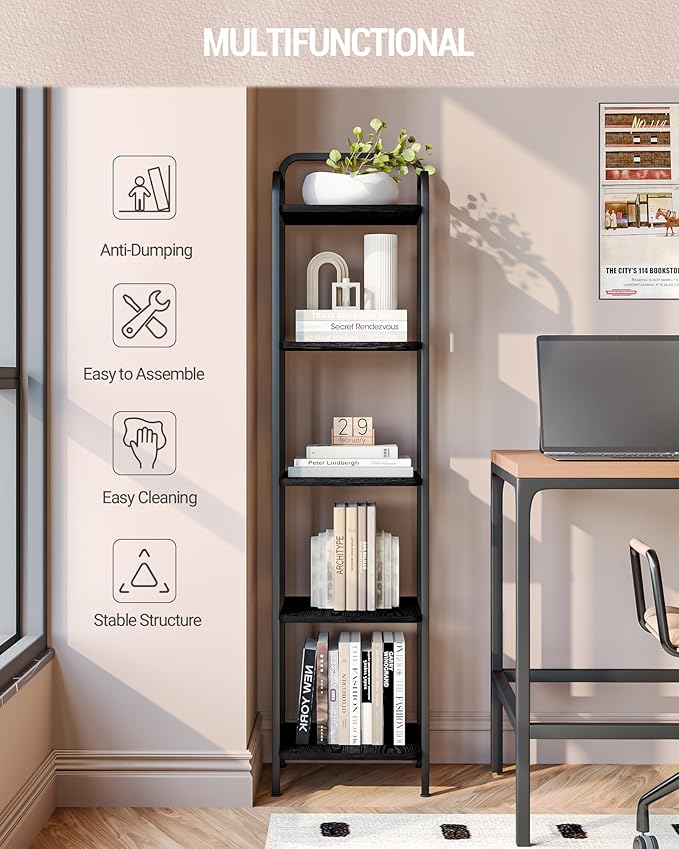 Bookcase Bookshelf, Narrow Book Shelf, Industrial Corner Shelf Storage Organizer, Slim Shelving Unit for Home Office, Living Room, Bedroom, Kitchen, 5-Tier Black BC24504B