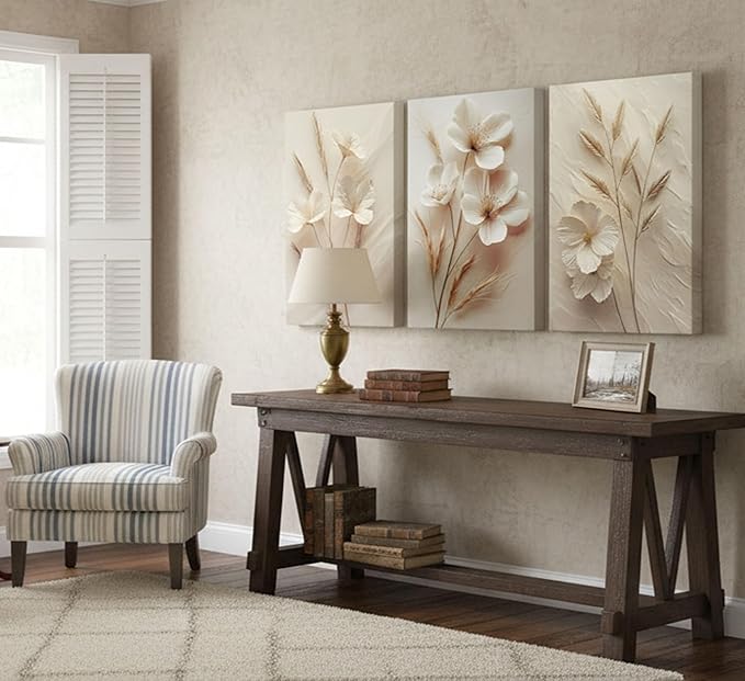 3Pcs Neutral Beige Floral Botanical Canvas Wall Art Modern Simple Texture Flower Plant Painting Picture Wall Decor Vintage Blossom Poster Print Artwork for Living Room Bedroom Bathroom