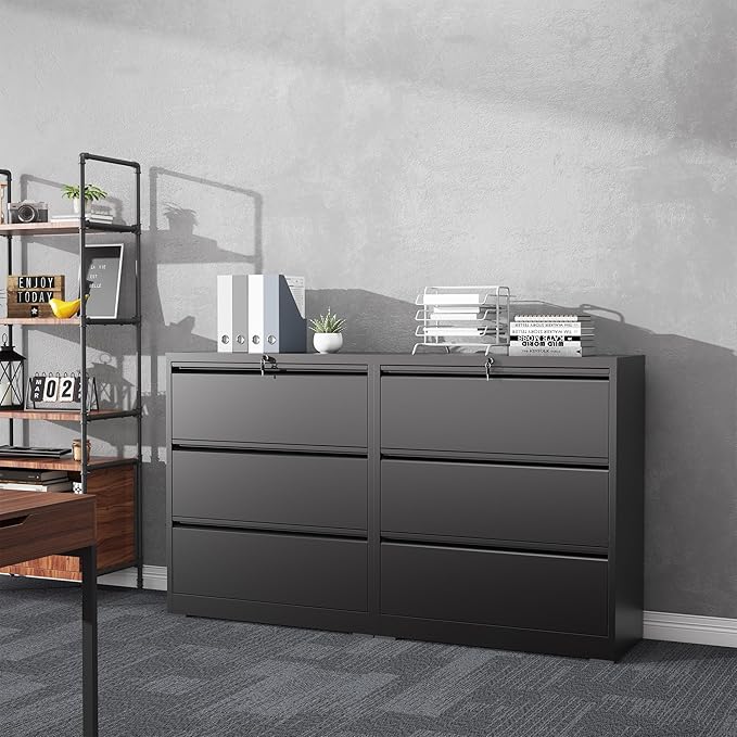 3 Drawer File Cabinet with Lock, Lateral Filing Cabinets,Metal Storage Filing Cabinets for Home Office, Heavy Duty File Cabinet for Letter/Legal/A4/F4 Size Amsseble Required, Black