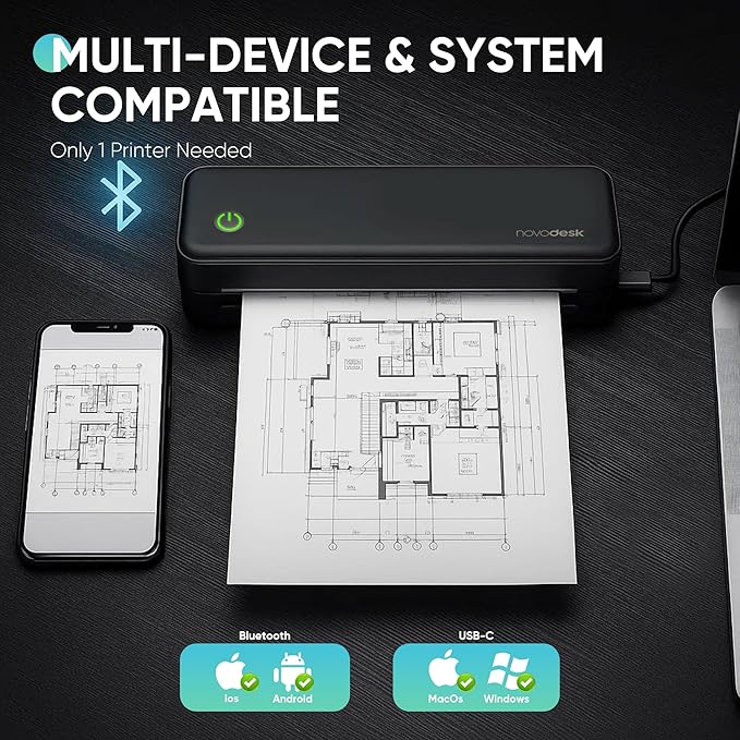 Portable Thermal Printer for Travel, Wireless Bluetooth Inkless Mini Printer w/ 300DPI , Supports 8.5" x 11" US Letter, Legal, A4 & A5 Paper, Compatible w/ Android, iOS, Laptop for Home, Office Use