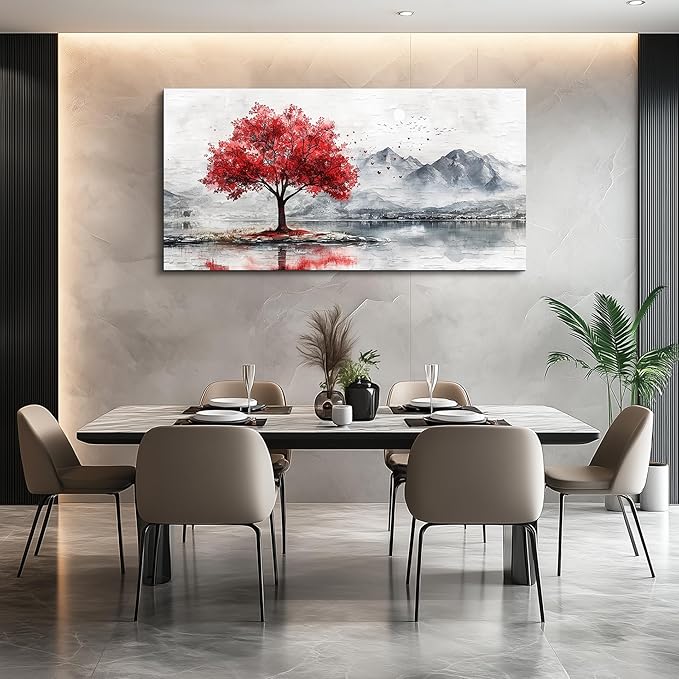 QIYILEXWART Large Wall Decor For Living Room Canvas Wall Art For Office Modern Wall Decorations For Bedroom Red Tree Landscape Painting Farmhouse Pictures Artwork Room Home Decor 24x48 In