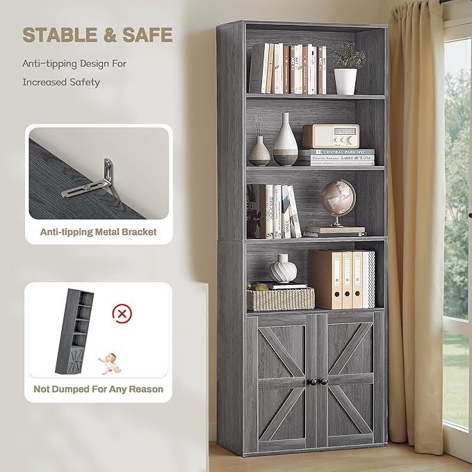 YESHOMY 71.5" Tall Bookshelf and Bookcase, Industrial Bookshelves and Bookcases with Doors, 4-Tier Floor Standing Tall Display Storage Cabinet with Doors for Home Office, Living Room, Gray, 2 PCS