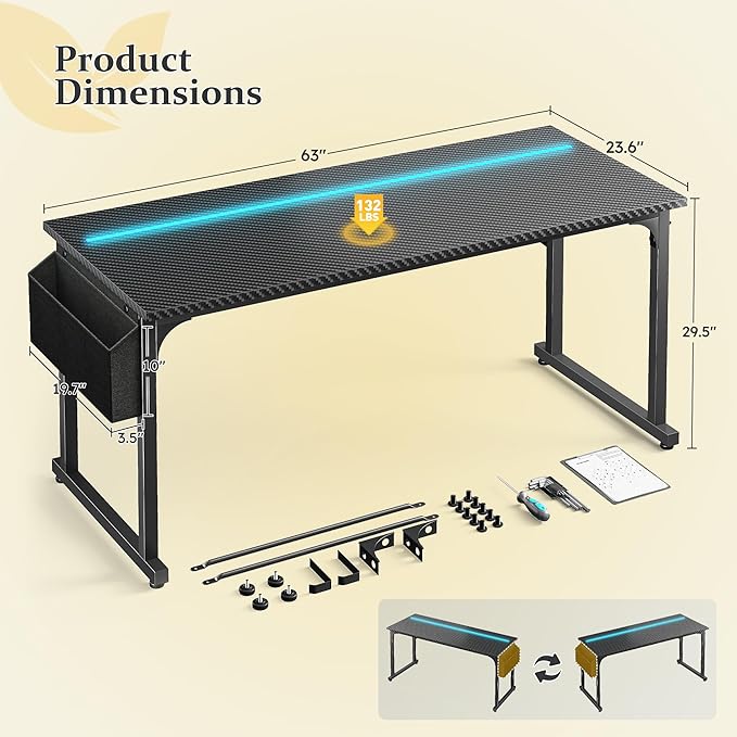 63 Inch Computer Desk with LED Lights, Office Desk for Home Office, Study Desk Writing Table with Storage Bag, Headphone Hook, Black