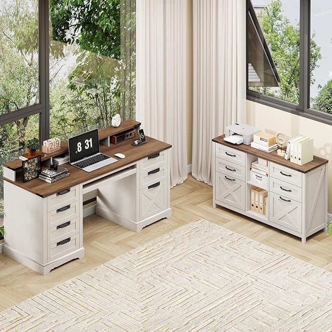 Lateral File Cabinet with 6 Drawers, Farmhouse Filing Cabinet for Letter/A4 Size, Wood File Storage Cabinets Printer Stand with Open Storage Adjustable Shelf for Home Office Cabinets, White and Brown