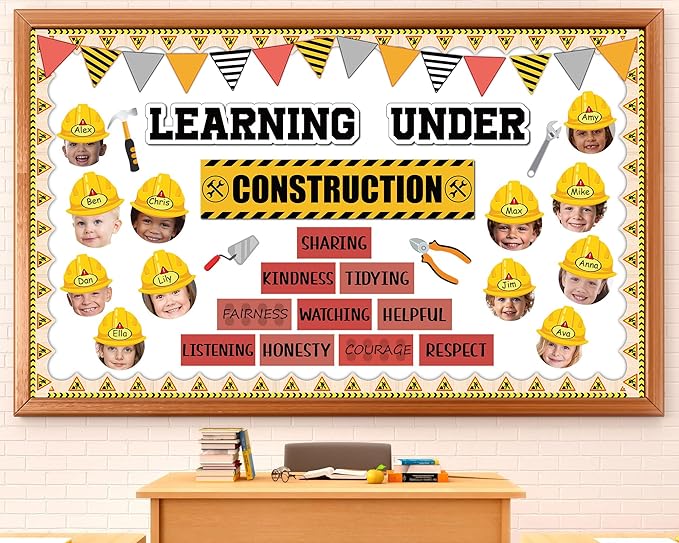 gisgfim Construction Bulletin Board Decorations Learning Under Construction Paper Cutouts DIY Photo Helmet Motivational Bulletin Board Set for Back to School Teacher Classroom Wall Decor Supplies