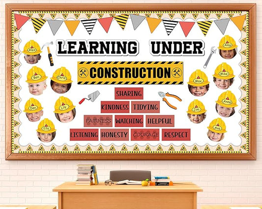 gisgfim Construction Bulletin Board Decorations Learning Under Construction Paper Cutouts DIY Photo Helmet Motivational Bulletin Board Set for Back to School Teacher Classroom Wall Decor Supplies