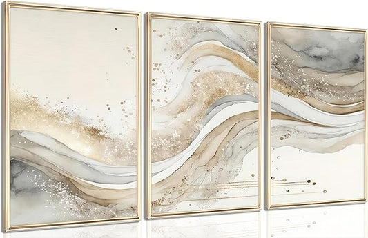 3Pcs Gold Abstract Marble Canvas Wall Art Modern Grey and Gold Fluid Painting Picture Wall Decor neutral Marble Poster Print Artwork for Bedroom Living Room Office Hotel Home Decoration
