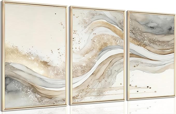 3Pcs Gold Abstract Marble Canvas Wall Art Modern Grey and Gold Fluid Painting Picture Wall Decor neutral Marble Poster Print Artwork for Bedroom Living Room Office Hotel Home Decoration