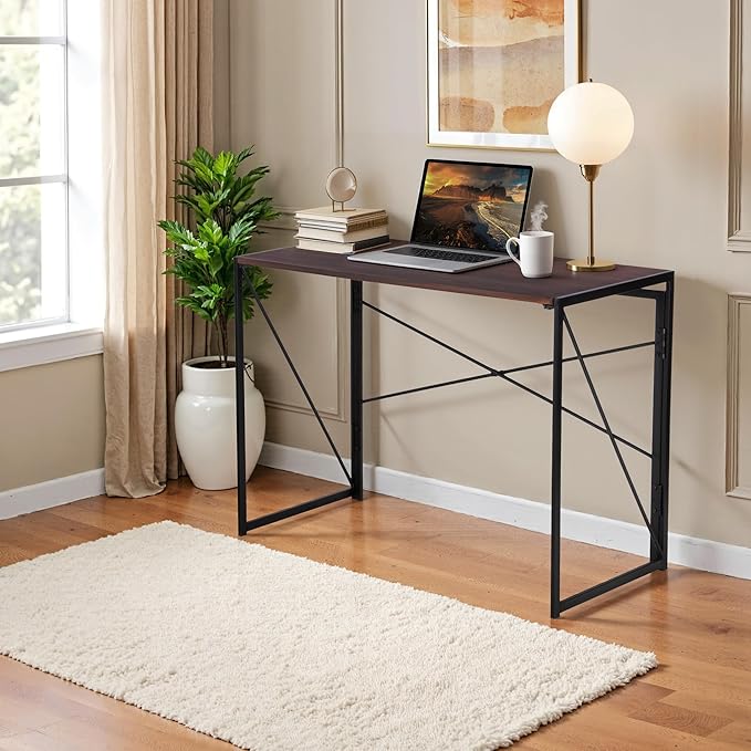Homy Casa 39.4 Inch Foldable Laptop Desk, Space-Saving Computer Table with No Assembly Required, Sturdy Metal Frame, Minimalist Design for Home Office, Study, or Small Spaces, Walnut