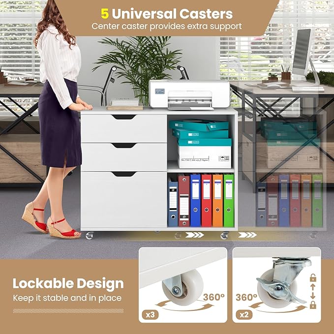 3 Drawer File Cabinet, Wood Lateral Filing Cabinet for Hanging Letter, A4, Legal Size, Rolling Printer Stand with Adjustable Shelf, Under Desk Storage for Home Office (White)
