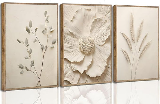 Framed 3D Textured 3Pcs Neutral Beige Floral Plant Canvas Wall art Textured Flower Botanical Painting Picture Wall Decor Vintage Blossom Poster Prints for Living Room Bedroom Bathroom Decoration