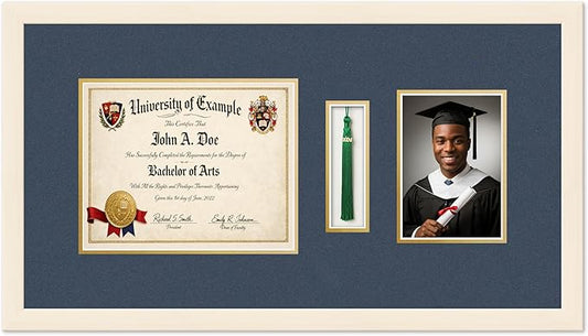 CountryArtHouse Diploma Tassel and Photo Shadowbox Fits 10 x 8 Professional License with Tassel H Coastal Whitewash Genuine Hardwood with Navy Blue Over Metallic Gold Double mat