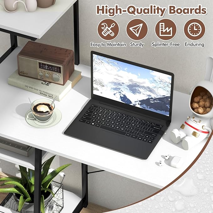 Giantex Computer Desk with Shelves, 47.5” Home Office Desk with Bookshelf, Host Stand, Metal Frame, PC Laptop Workstation, Modern Study Writing Desk for Bedroom, Small Space (White & Black)