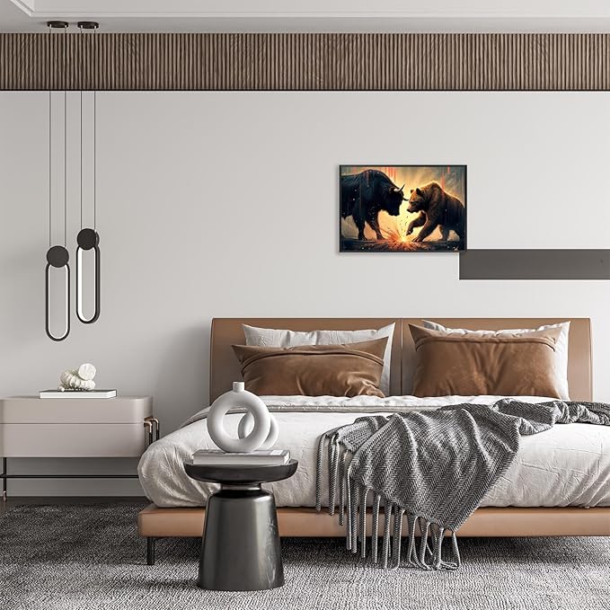 Trendy Bull And Bear Confrontation Wall Art Funny Bull And Bear Stock Market Canvas Posters Funny Animal Prints Painting For Office Living Room Wall Decor 12x16in Framed