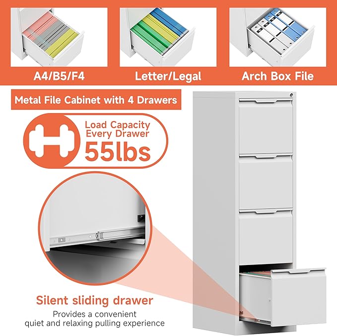 4 Drawer File Cabinet,Metal Vertical File Storage Cabinet with Lock,Filing Cabinets for Home Office,A4 Legal/Letter, Assembly Required(White)