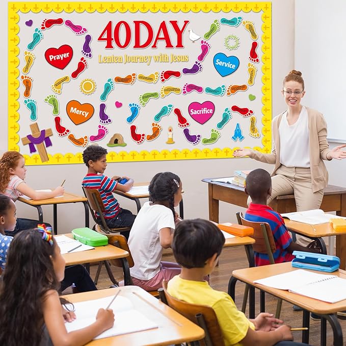 Christian Religious Bulletin Board Decorations Set Spring Sunday School Decoration 40 Day Journey with Jesus Paper Cutout Footprint Bible Verses Bulletin Board for Church Office Chalkboard Wall Decor
