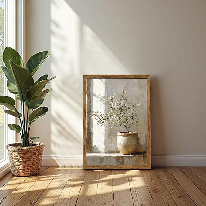 AVECCO Framed Vintage Olive Botanical Tree Canvas Wall Art, Rustic Farmhouse Wall Decor, Unique Plant Art Prints for Bathroom Bedroom Living Room Office Home Kitchen Decoration Ready to Hang 16x24 In
