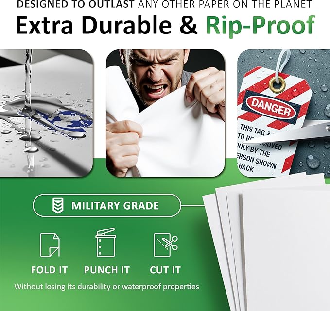 TerraSlate Printable Waterproof Paper for Laser Printer, 10 MIL 8.5" x 14", 250 Sheets, Matte White Printer Paper, Rip-Resistant, Weather/Rain Proof Copy Paper