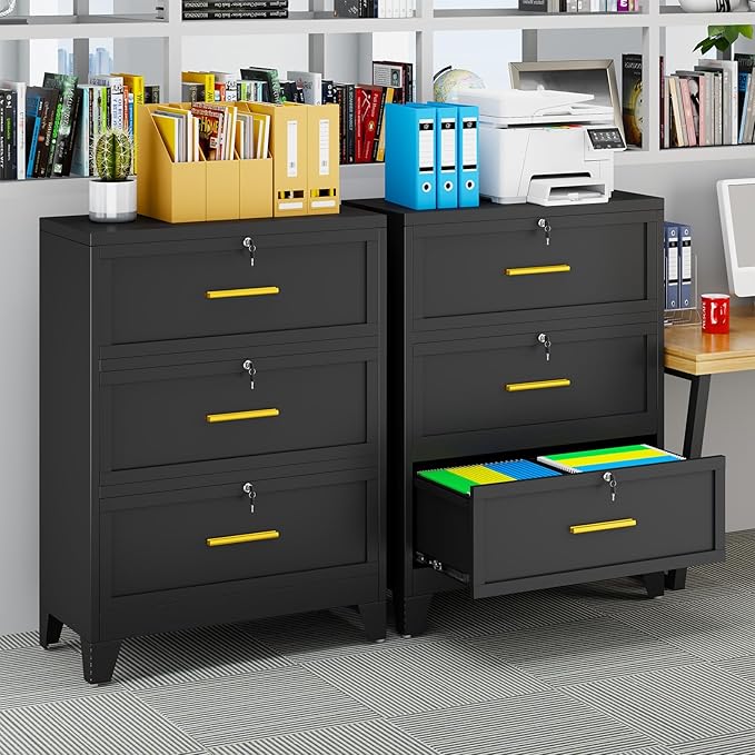 3 Drawer File Cabinet with Lock, Metal Lateral File Cabinets for Home Office, Steel Wide Filing Organization Storage Cabinets, Home Office Furniture for Hanging Files Letter/Legal/F4/A4 Size