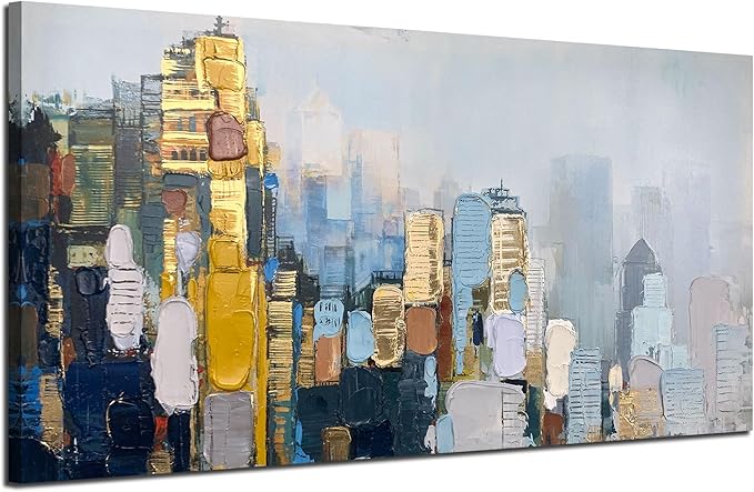 Arjun Neutral Wall Art Painting Oversize Abstract Art Wall Decor Canvas, Textured Skyline for Living Room Gold Painting Modern Artwork for Men Bedroom Cityscape Home Office Wall Decor, 58"x 29"