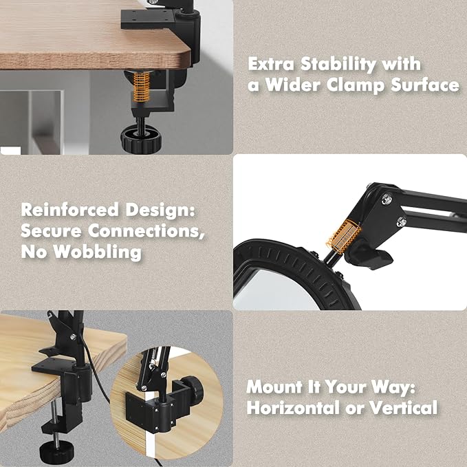 Magnifying Glass with Light Square Magnifier Desk Lamp 10X Close Up Work for Desktop Bench Crafting, Reading, Sewing, Ultra Stable Swing Arm, 5 Color Modes Design Rectangle Head