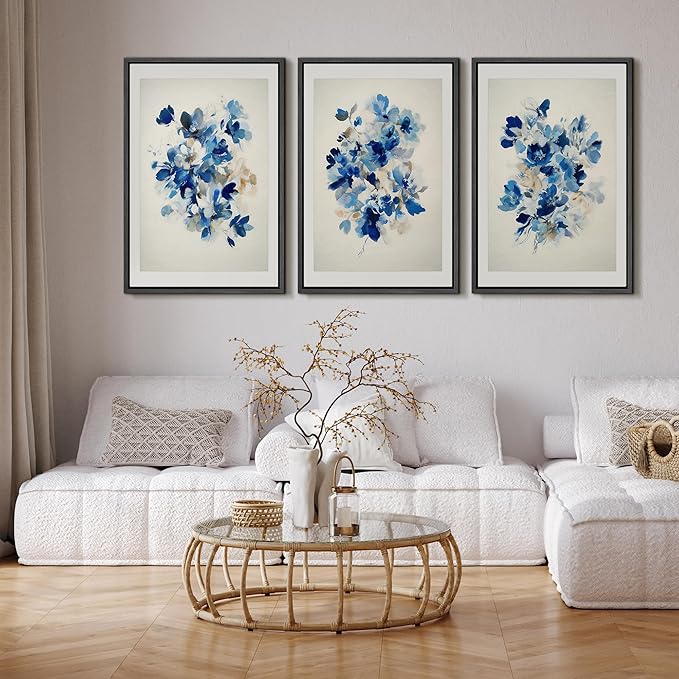SIGNFORD Framed Wall Art Print Set Blue Blossom Watercolor Floral Botanical Digital Art Modern Art Contemporary for Living Room, Bedroom, Office - 16"x24"x3 BLACK
