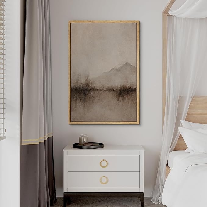 SIGNFORD Framed Canvas Print Wall Art Vintage Sepia Mountain Landscape Illustrations Minimalism Chic Relax/Calm Multicolor Warm for Living Room, Bedroom, Office - 24"x36" Natural