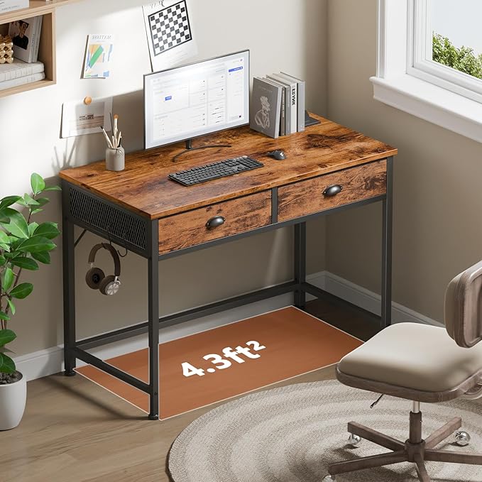 Furologee Small Computer Desk with 2 Fabric Drawers, 40 Inch Simple Home Office Desk, Writing Desk with Hooks, Study Table for Working Small Spaces, Makeup Desk for Bedroom, Rustic Brown
