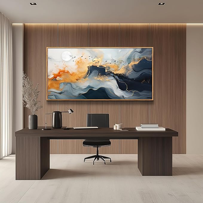 MHARTK66 Framed Wall Art Abstract Large Canvas Picture Marble Fluid Art with Gold Foil Moon & Bird Design Home Decor for Living Room Bedroom Hotel Office Wall Decorative Artwork Ready to Hang 24x48