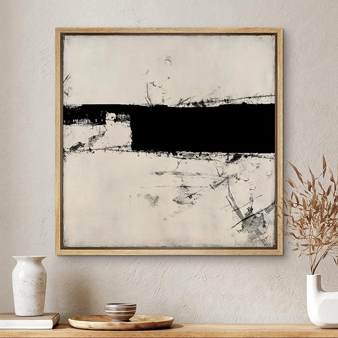 SIGNWIN Framed Canvas Print Wall Art Dark Grunge Industrial Paint Strokes Abstract Shapes Illustration Modern Art Decorative Nordic Minimal Calm/Zen for Living Room, Bedroom, Office - 24"x24" Natural