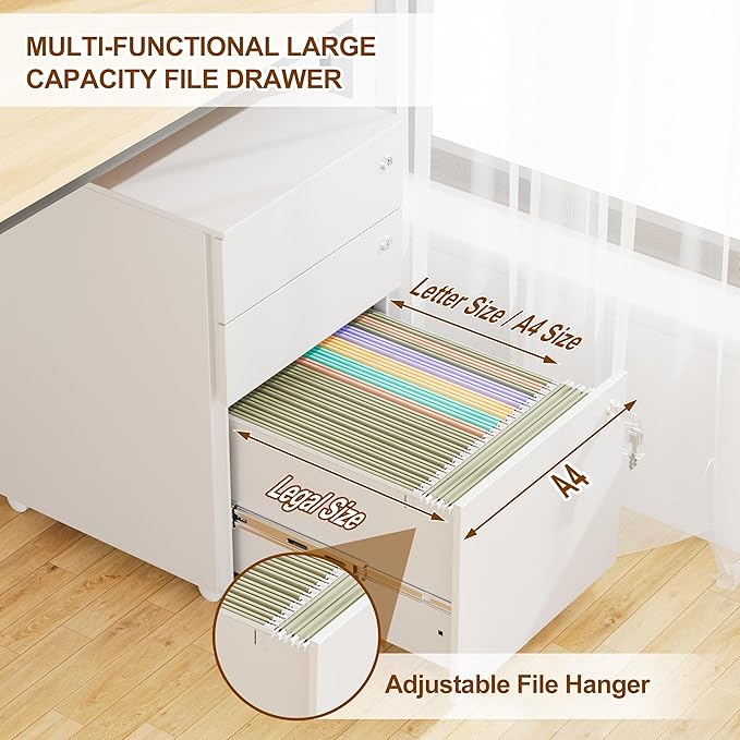 Mobile File Cabinet with 3 Locks, 3 Drawer File Cabinets for Home Office, Under Desk Metal Filing Cabinet for A4/Letter/Legal, Lockable, Fully Assembled Except castors, White