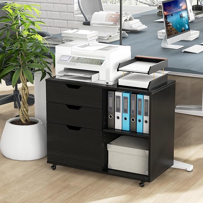 Giantex 3 Drawer File Cabinet, Office Storage Cabinet Fits Files Letter, A4, Legal Size, Rolling Printer Stand with Adjustable Shelf, Office Organization and Storage, Lateral Filing Cabinet (Black)