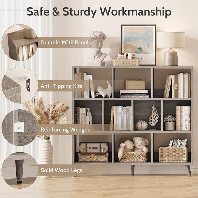 10 Cube Bookshelf, 3 Tier Wooden Book Shelf, Modern Black Short Bookcase with Solid Wood Legs, Small Book Cases Vintage Wide Storage Organizer with Open Shelf for Kids, Small Spaces, Bedroom, Office