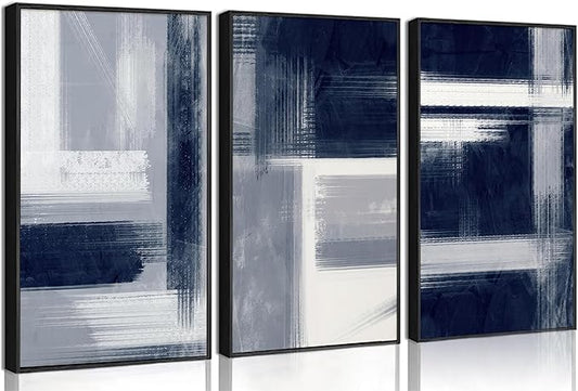 Wavkkey 3Pcs Navy Blue Abstract Wall Art Blue Grey Neutral Modern Geometric Abstract Painting Poster Wall Decor Canvas Print Artwork for Living Room Bedroom Office Home Decoration Unframed