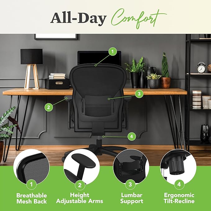 HON Wave High Back Leather Ergonomic Office Chair Lumbar Support with Adjustable Arms, Breathable Mesh Ergonomic Desk Seat for Computers, Office, 360° Swivel Synchro-Tilt, Black