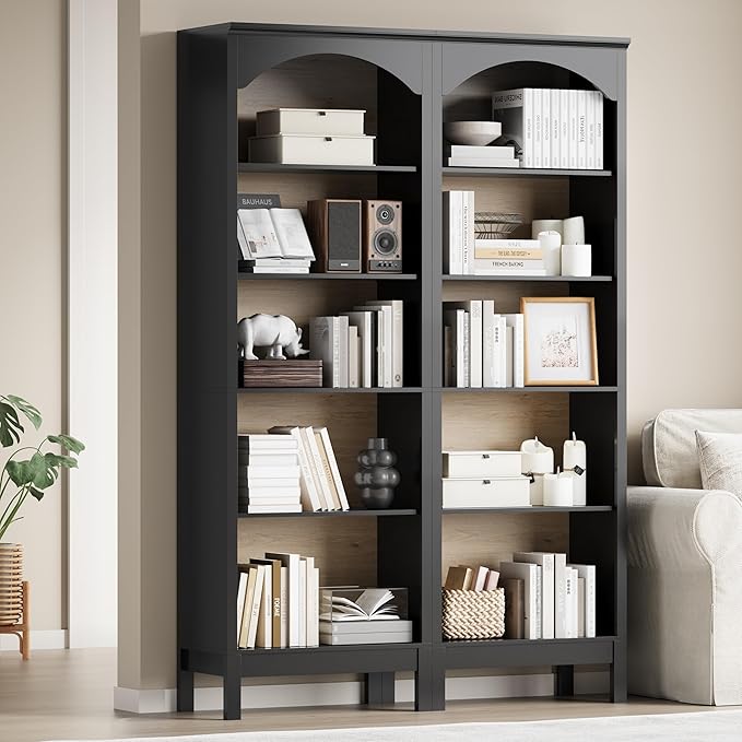 Arched Bookshelf with 5 Tier Open Shelves, 71" Tall Wood Bookcase with Adjustable Shelves, 24" Wide Floor Standing Display Storage Shelf for Home Office, Kitchen, Study and Living Room, Modern Black