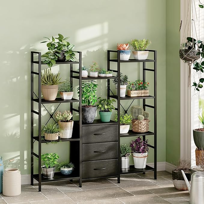 Triple Bookshelf with 3 Fabric Drawers, 4-Tier Book Shelf and 10 Display Shelves, Industrial Large Bookcase for Home & Office, Black, 47'' Wide