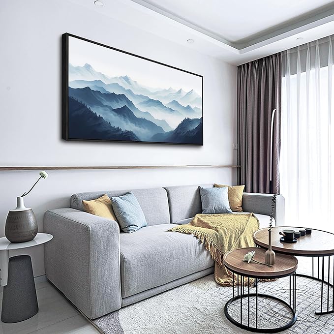 Wapluam Black Framed Canvas Wall Art For Living Room Large Wall Decor For Office Bedroom Decoration Art Black And White Grey Mountain Scenery Wall Painting View Wall Picture Hotel Room Home Artwork