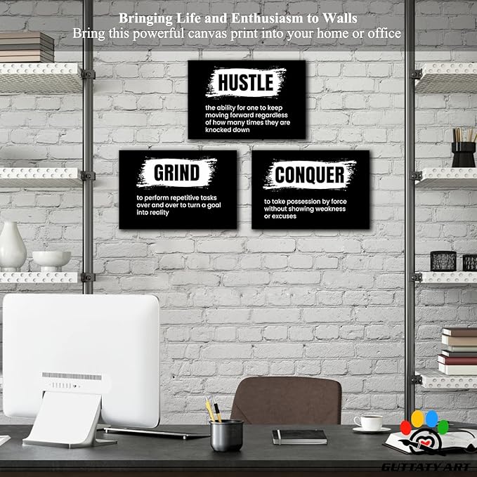Office Wall Art - 3 Panel Motivational Wall Art, Inspirational Quotes Canvas Art for Home Office Wall Decor, Positive Quotes Wall Decor, Entrepreneur Grind Hustle Execution Poster Frame (12”x24”x3Pcs)