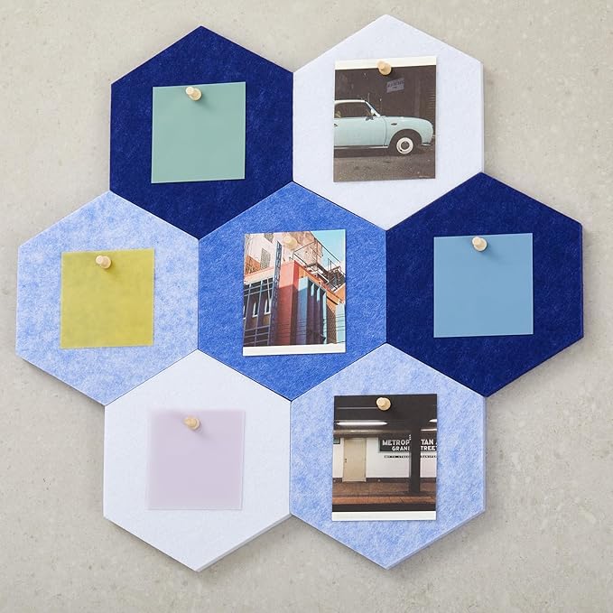 16 Pcs Hexagon Cork Board for Walls with 50 Wooden Push Pins 6.7 x 5.9 in Felt DIY Tiles Notice with Nano Tape Hanging Bulletin Board for Home Photo Office Memo Note (Blue)