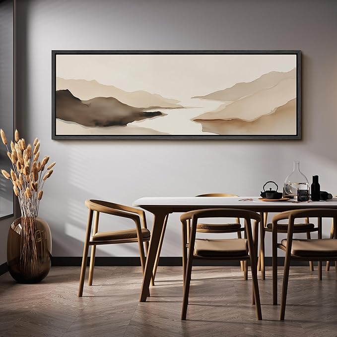 SIGNFORD Large Framed Canvas Print Wall Art Abstract Neutral Mountain Lake Landscape Illustrations Modern Art Calm Warm for Living Room, Bedroom, Office - 60"x20"