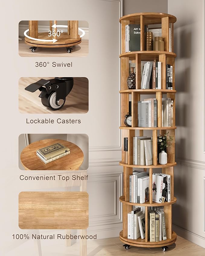 Rotating Bookshelf, 6 Tier Solid Wood Bookshelf Tower with Lockable Wheels, 360° Spinning Revolving Bookcase for Small Spaces, Corners, Bedroom, Kids Room, Home Office, Natural