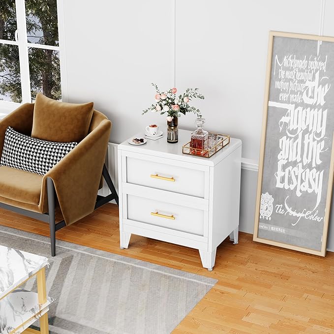 26.42" Tall Dresser for Bedroom 2 Drawers, Metal Dresser Chest of Drawers, Metal NightStand, Circular Drawer Cabinet for Home,Filing Cabinet with Drawers for Office (White)