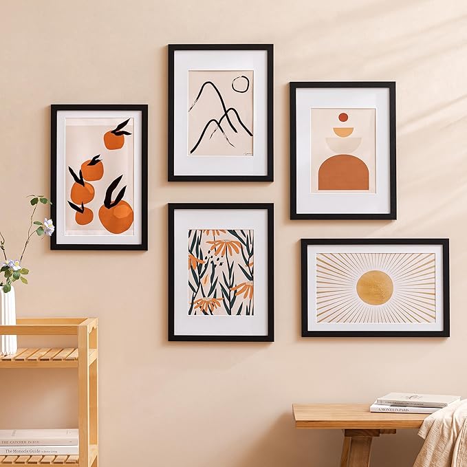 eletecpro 11x14 Picture Frames Set of 5 with Clear Acrylic Cover, Gallery Wall Decor, Displays 8x10 Photos with Mat or 11x14 Without, Horizontal or Vertical Wall Mount, Black