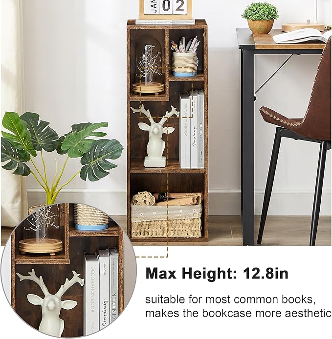 VECELO 3-Tier 4-Cube Bookshelf with Height Difference Shelves, 66 LBS Per Shelf Heavy Duty Bookcase, Modern Floor Standing Storage Unit for Living Room Bedroom, Rustic Brown