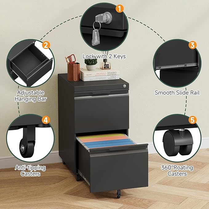 2 Drawer Metal Rolling File Cabinet with Lock, Under Desk Mobile Filing Cabinet for Home Office, Printer Stand with Casters Fits A4/Letter/Legal Size Documents, Black