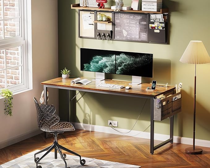 KKL Large Computer Desk with Power Outlets and USB Port Desk for Home Office Gaming Simple Modern Style Writing Desks with Storage Bag Headphone Hook, 55 inch, Rustic Brown