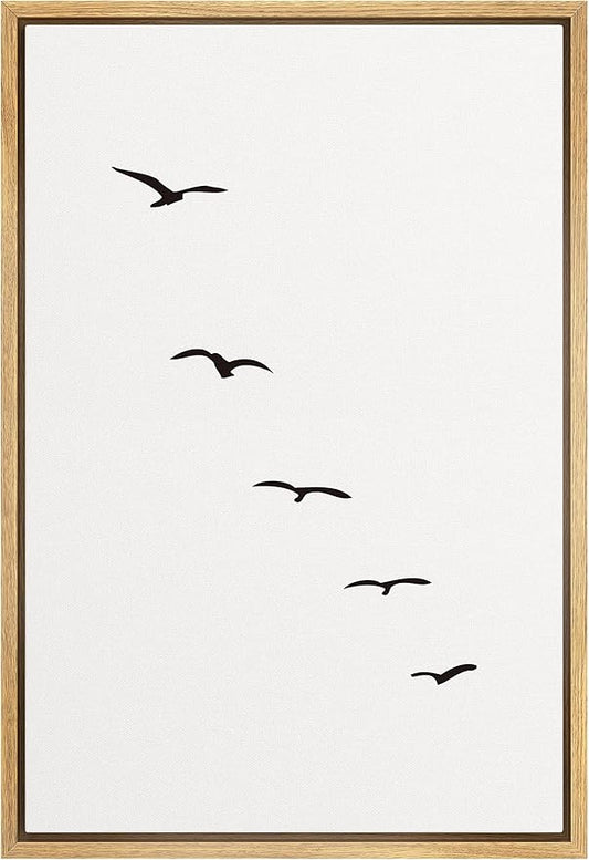 SIGNFORD Framed Canvas Print Wall Art Minimalist Composition of Flock of Birds Abstract Wilderness Digital Art Modern Art Rustic Scenic Multicolor for Living Room, Bedroom, Office - 24"x36" Natural
